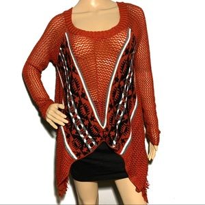 Madberry Fringe Orange Southwestern Sweater Medium